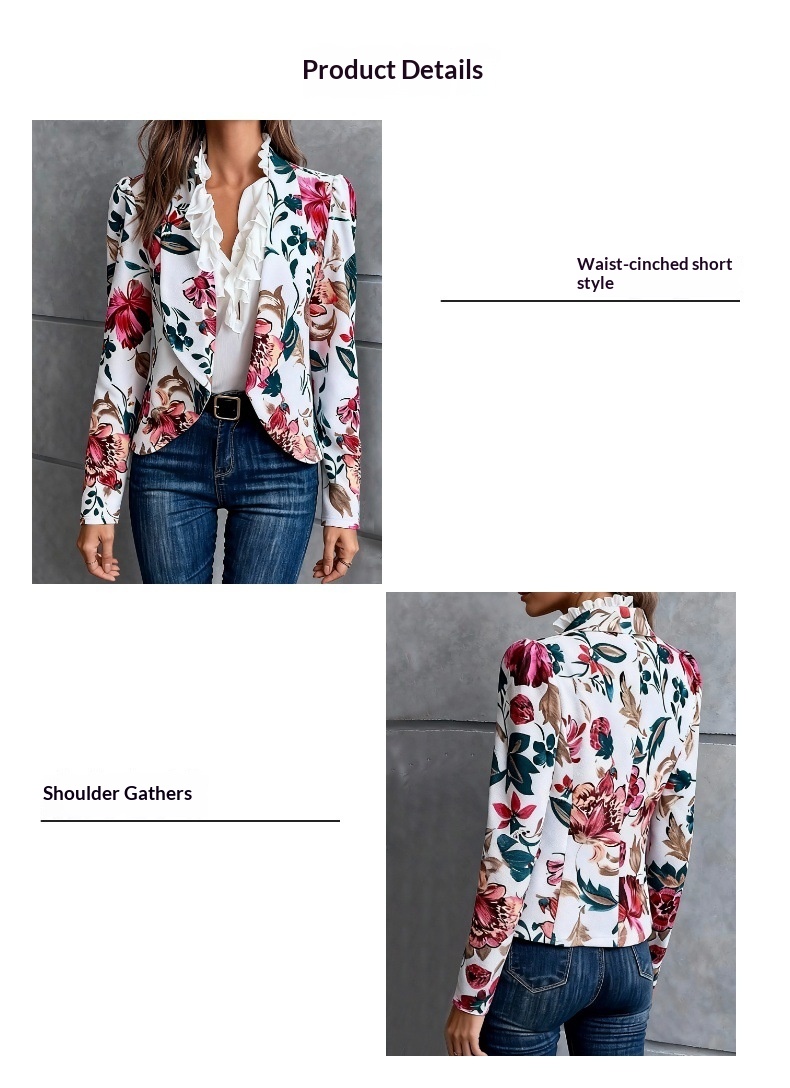 Blazer da donna a maniche lunghe con stampa floreale in stile transfrontaliero europeo-americano, adatto per il pendolarismo, alla moda, casual,_voghion.com
