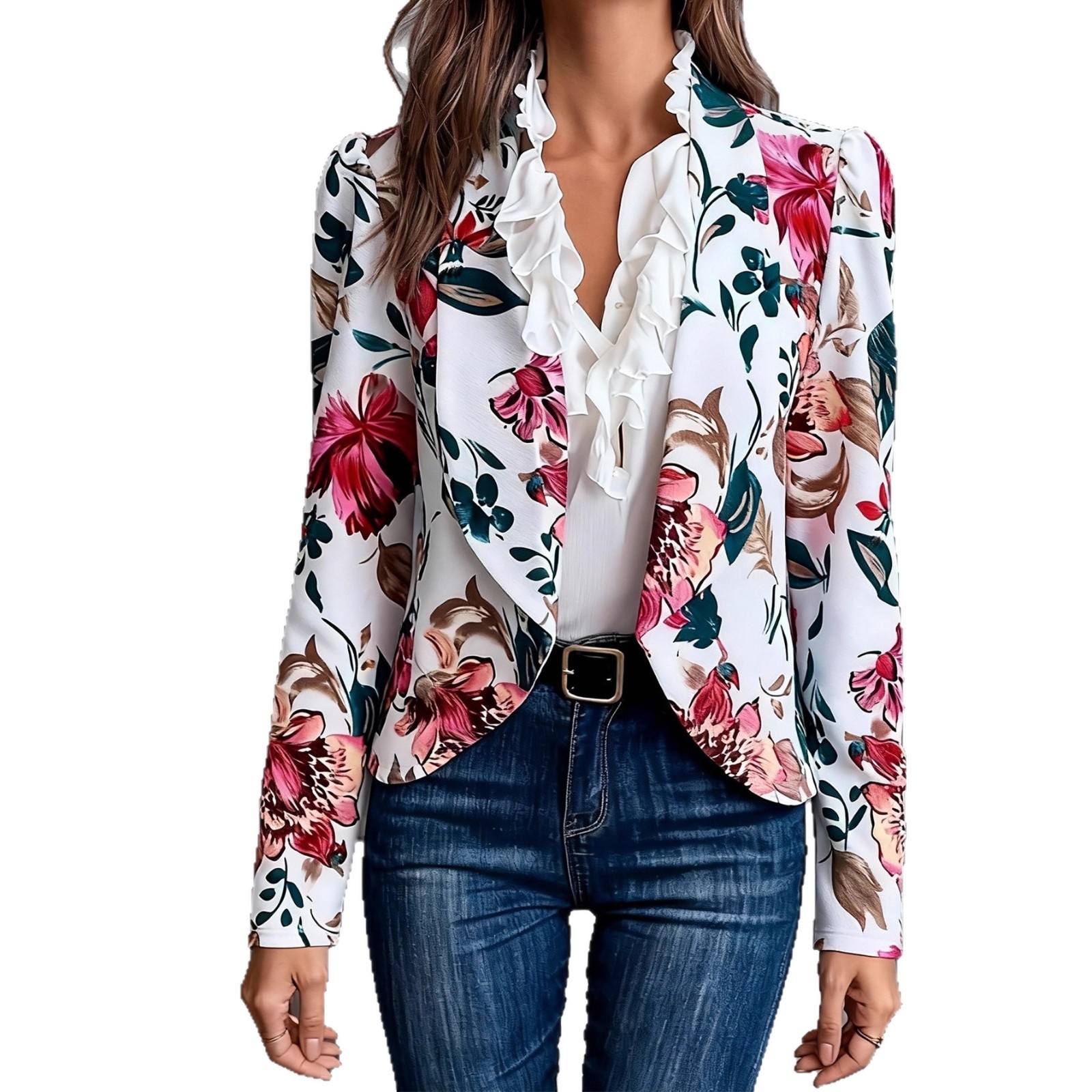 Blazer da donna a maniche lunghe con stampa floreale in stile transfrontaliero europeo-americano, adatto per il pendolarismo, alla moda, casual,_voghion.com