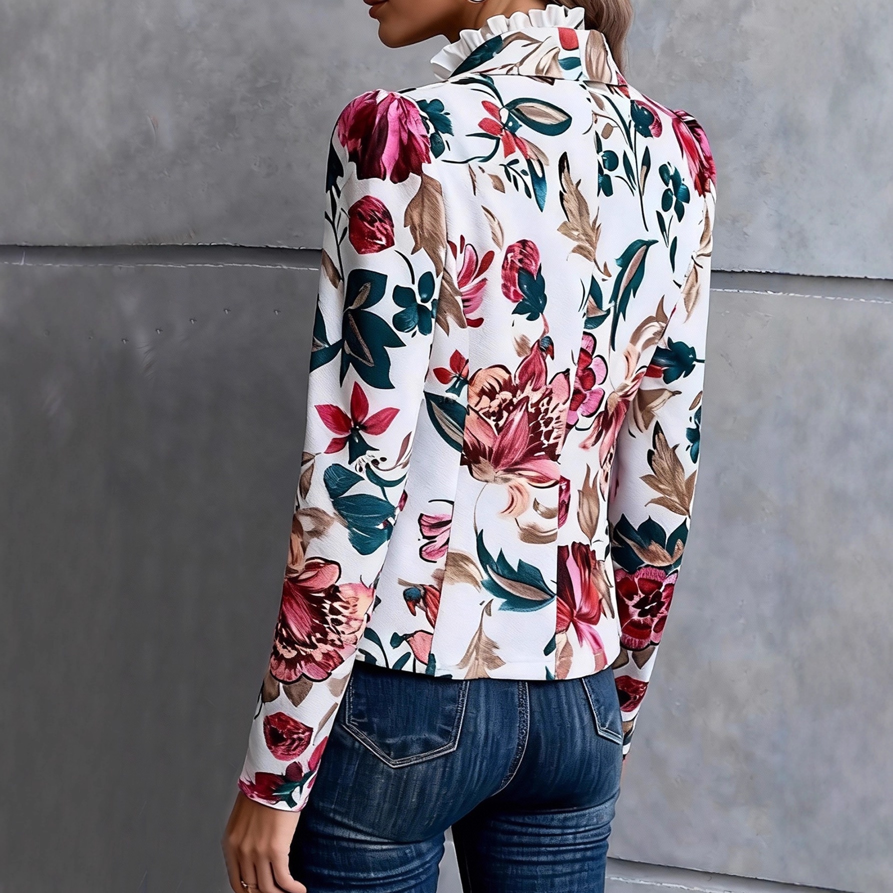 Blazer da donna a maniche lunghe con stampa floreale in stile transfrontaliero europeo-americano, adatto per il pendolarismo, alla moda, casual,_voghion.com