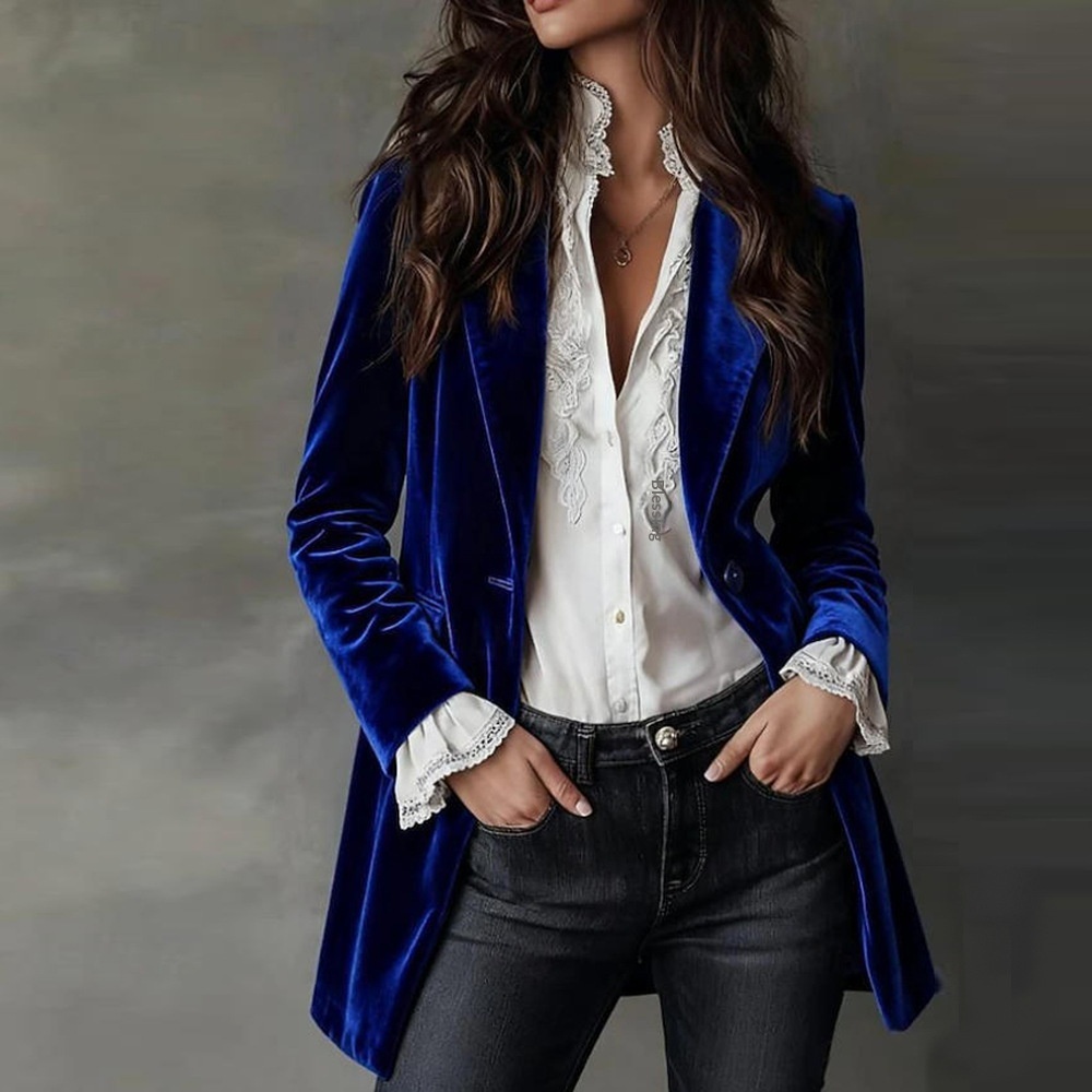 Retro Samtblazer Für Damen Taillierte Langarm Blazerjacke_voghion.com