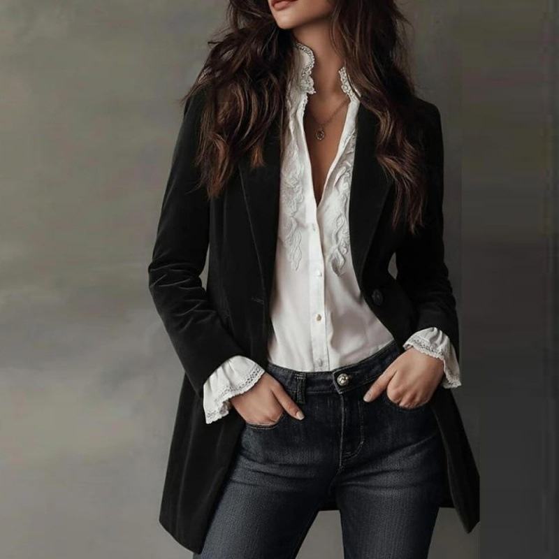 Europäische und amerikanische grenzüberschreitende Mode 2025: Neuer Retro-Style Slim Cardigan für Damen, Samtblazer, Langarmjacke_voghion.com