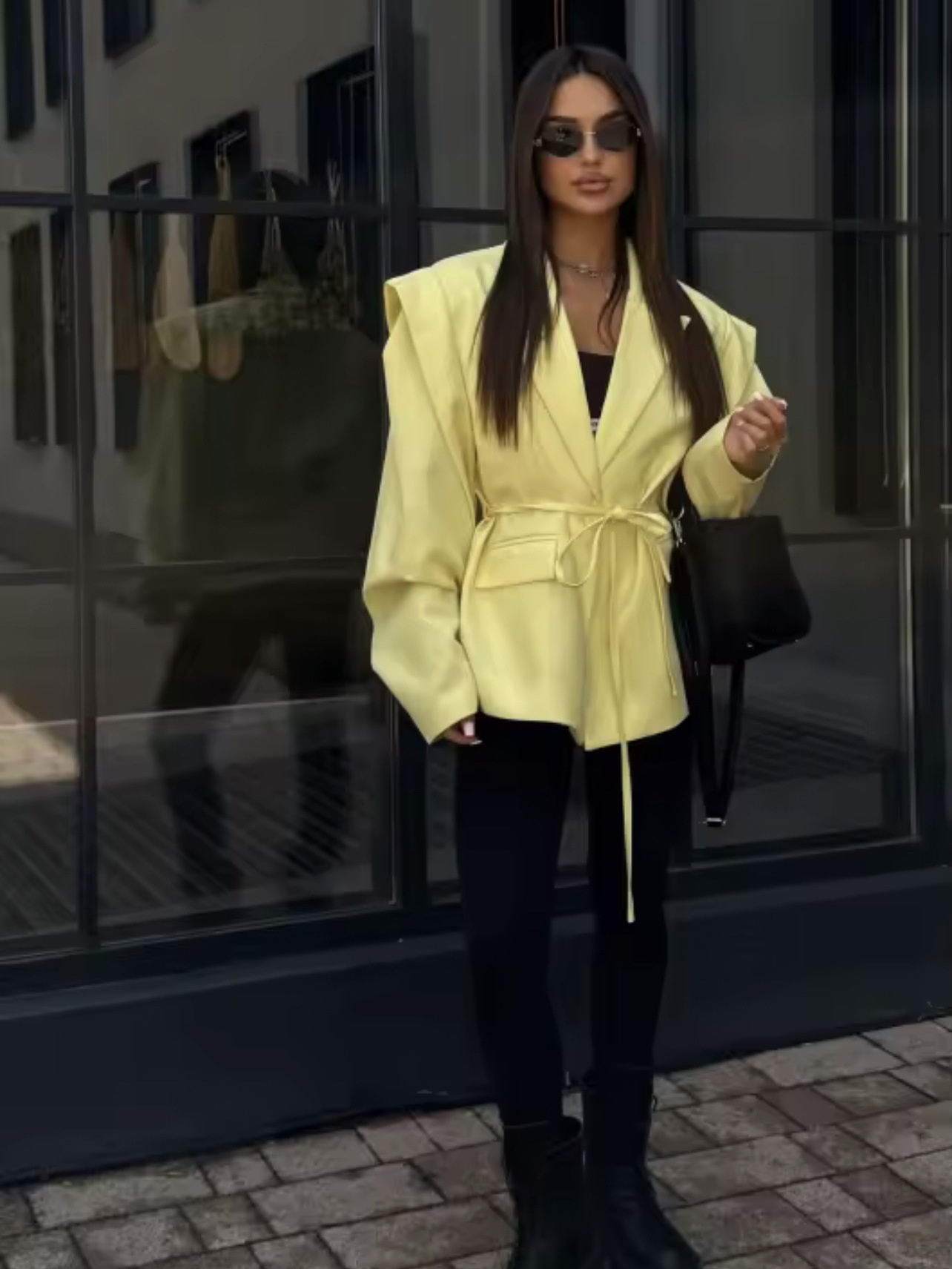 Eleganter Damen Blazer Mit V-ausschnitt Und Taillenbindung_voghion.com
