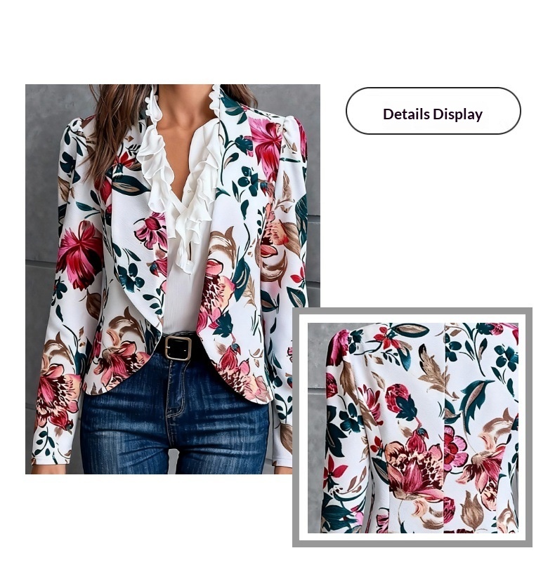Blazer da donna a maniche lunghe con stampa floreale in stile transfrontaliero europeo-americano, adatto per il pendolarismo, alla moda, casual,_voghion.com
