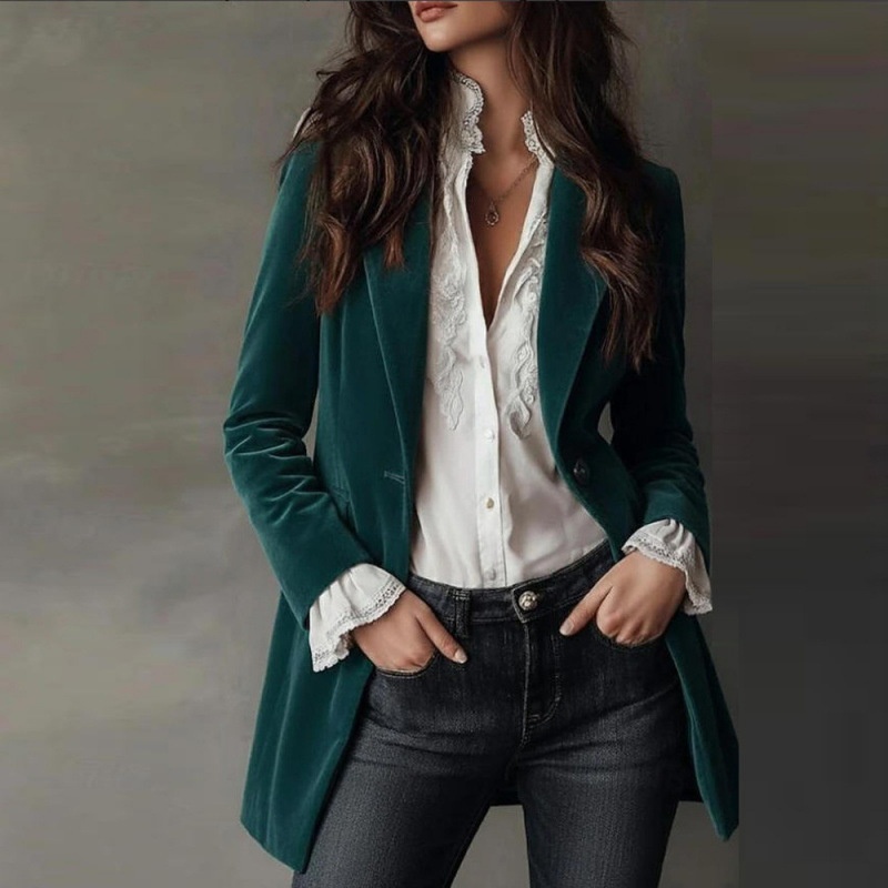 Europäische und amerikanische grenzüberschreitende Mode 2025: Neuer Retro-Style Slim Cardigan für Damen, Samtblazer, Langarmjacke_voghion.com