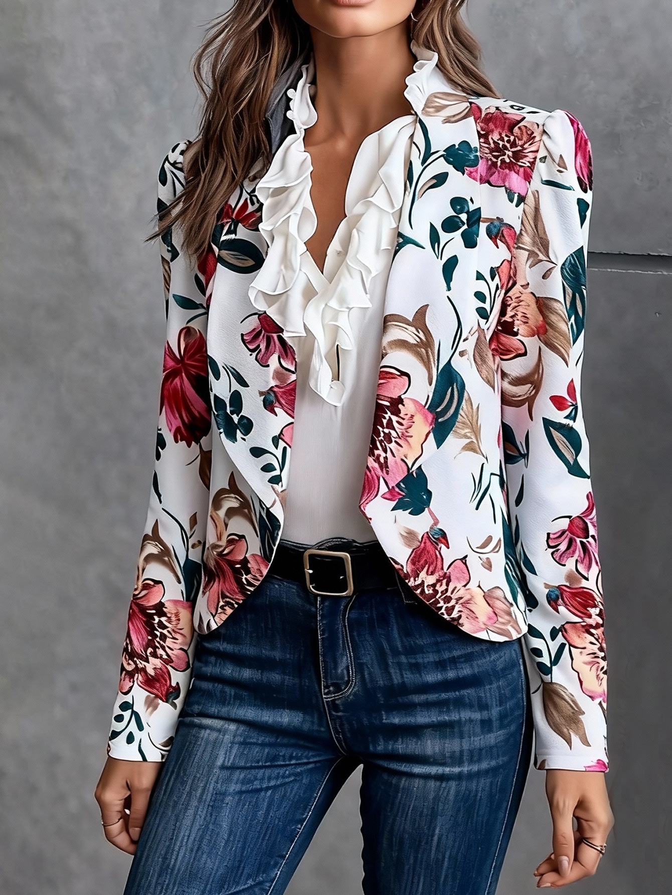 Blazer da donna a maniche lunghe con stampa floreale in stile transfrontaliero europeo-americano, adatto per il pendolarismo, alla moda, casual,_voghion.com