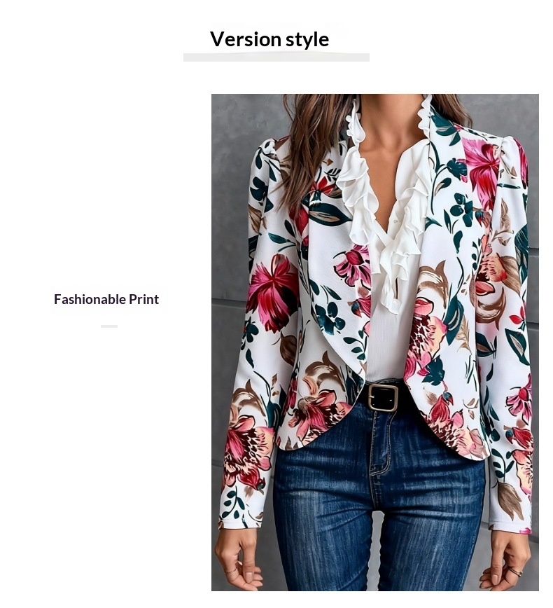 Blazer da donna a maniche lunghe con stampa floreale in stile transfrontaliero europeo-americano, adatto per il pendolarismo, alla moda, casual,_voghion.com