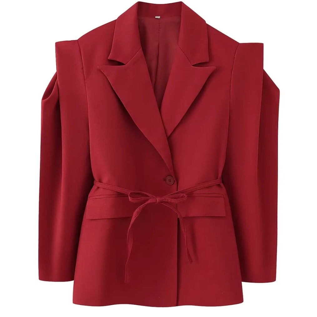 Locker geschnittener Anzugmantel mit tiefem Ausschnitt, V-Ausschnitt, lockerer Passform, Taillengürtel und Schulterpolstern, eleganter Blazer im europäischen und amerikanischen Stil._voghion.com