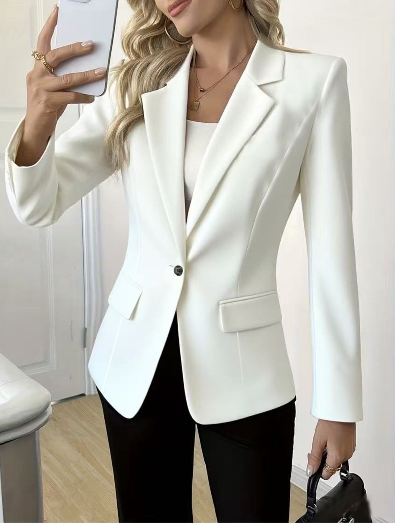 Damen Blazer Langarm Ein-knopf-sakko In Unifarben Elegant_voghion.com