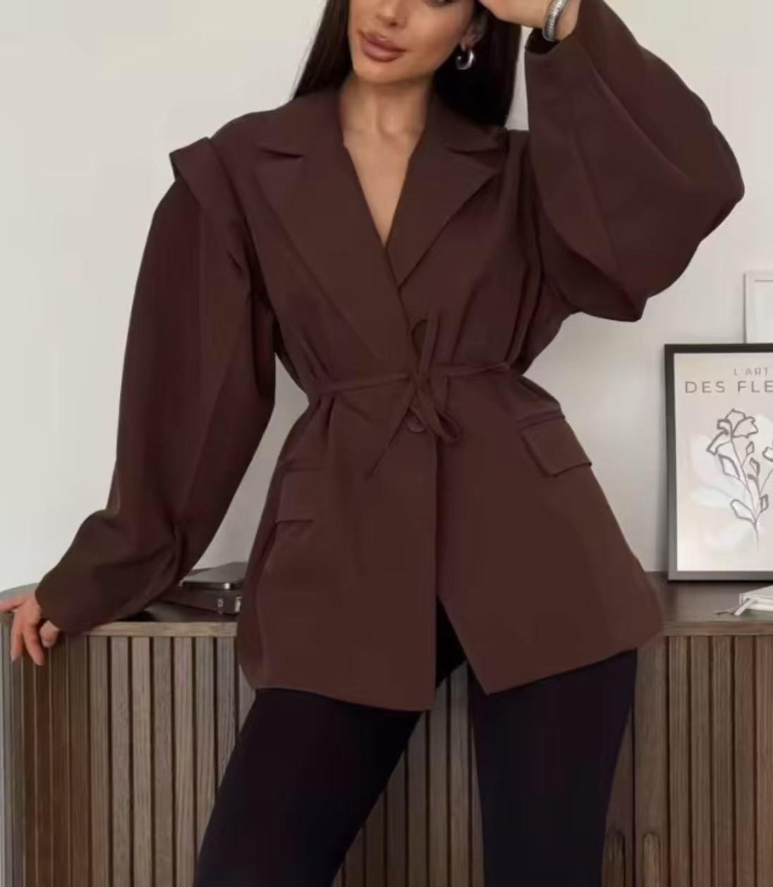 Eleganter Damen Blazer Mit V-ausschnitt Und Taillenbindung_voghion.com