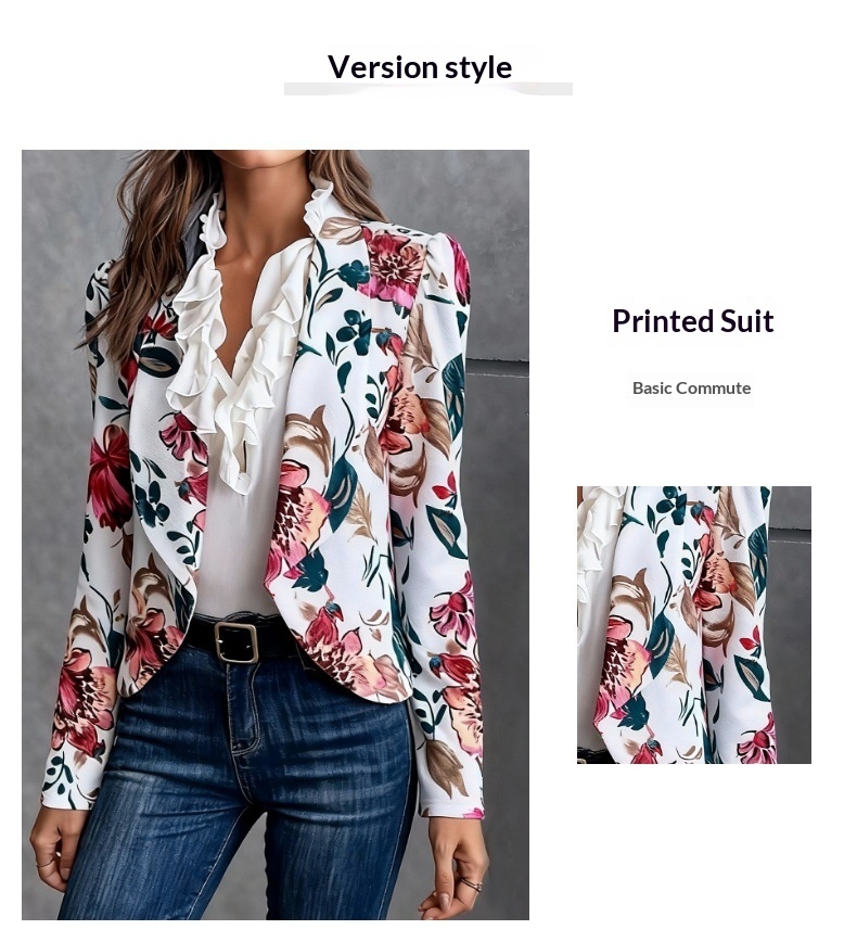 Blazer da donna a maniche lunghe con stampa floreale in stile transfrontaliero europeo-americano, adatto per il pendolarismo, alla moda, casual,_voghion.com