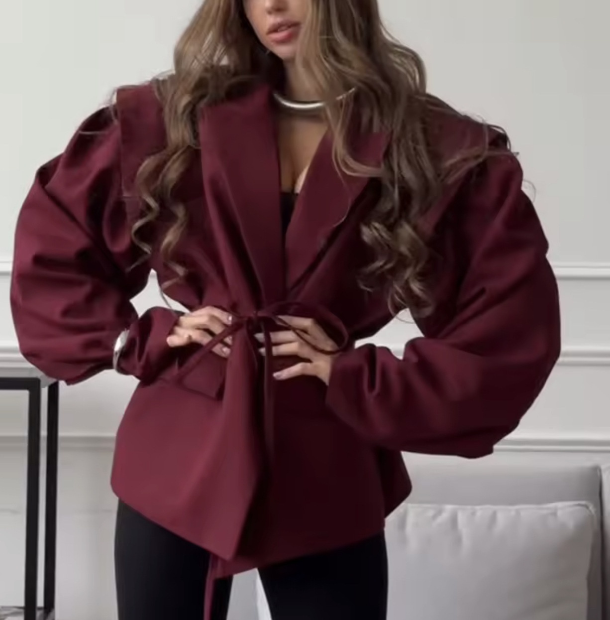 Eleganter Damen Blazer Mit V-ausschnitt Und Taillenbindung_voghion.com