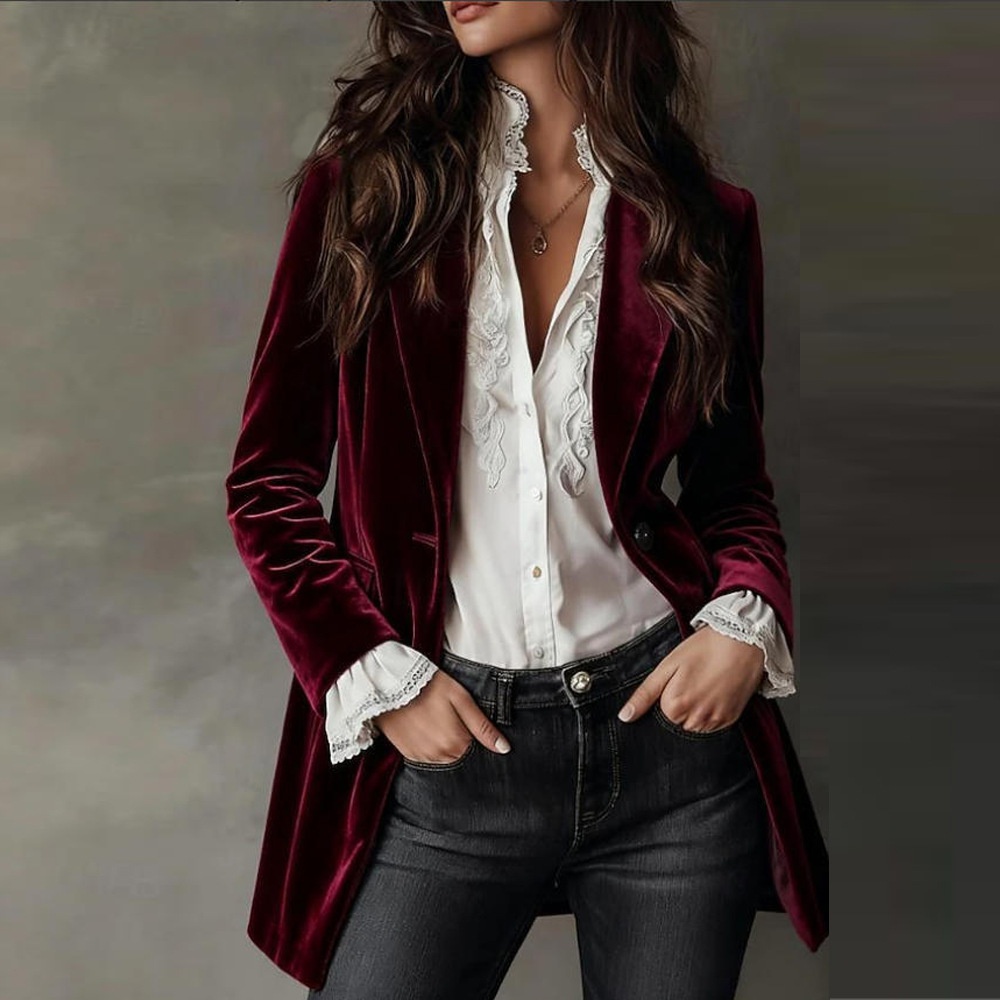 Retro Samtblazer Für Damen Taillierte Langarm Blazerjacke_voghion.com