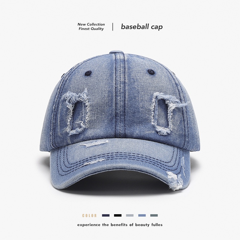 Distressed Denim Baseball Cap With Curved Brim For Men_voghion.com