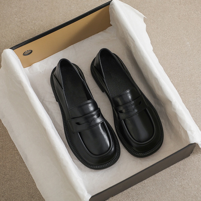 High Quality Black British Style Women's Thick-Soled Loafers 2025 Spring New Slip-On Chunky Heel Round Toe Two-Way Shoes_voghion.com