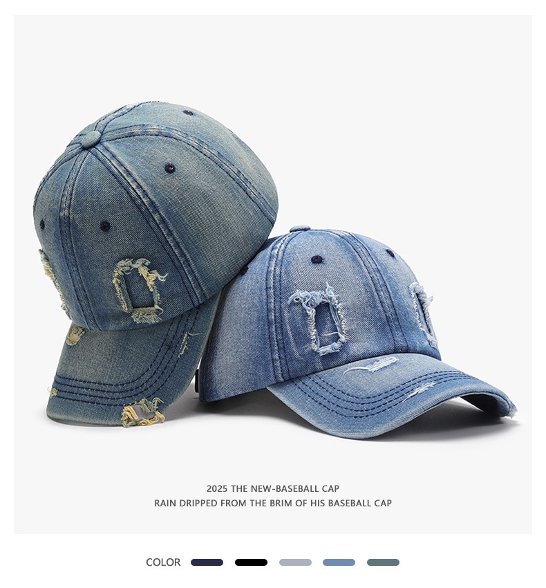 Distressed Denim Baseball Cap With Curved Brim For Men_voghion.com