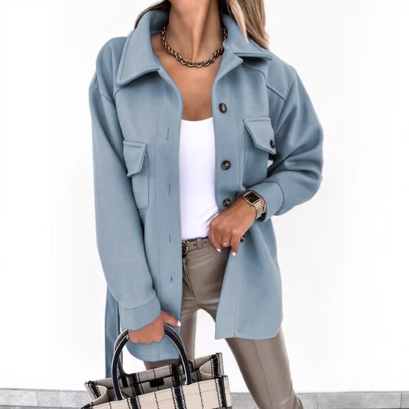 European And American Cross-Border Autumn Winter Turn-Down Collar Single-Breasted Thick Solid Color Shirt Woolen Loose_voghion.com