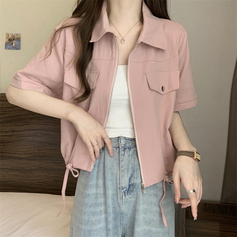 Nuovo stile Polo a spalle dritte con doppia cerniera, camicia da lavoro a maniche corte, estiva da donna in stile americano_voghion.com