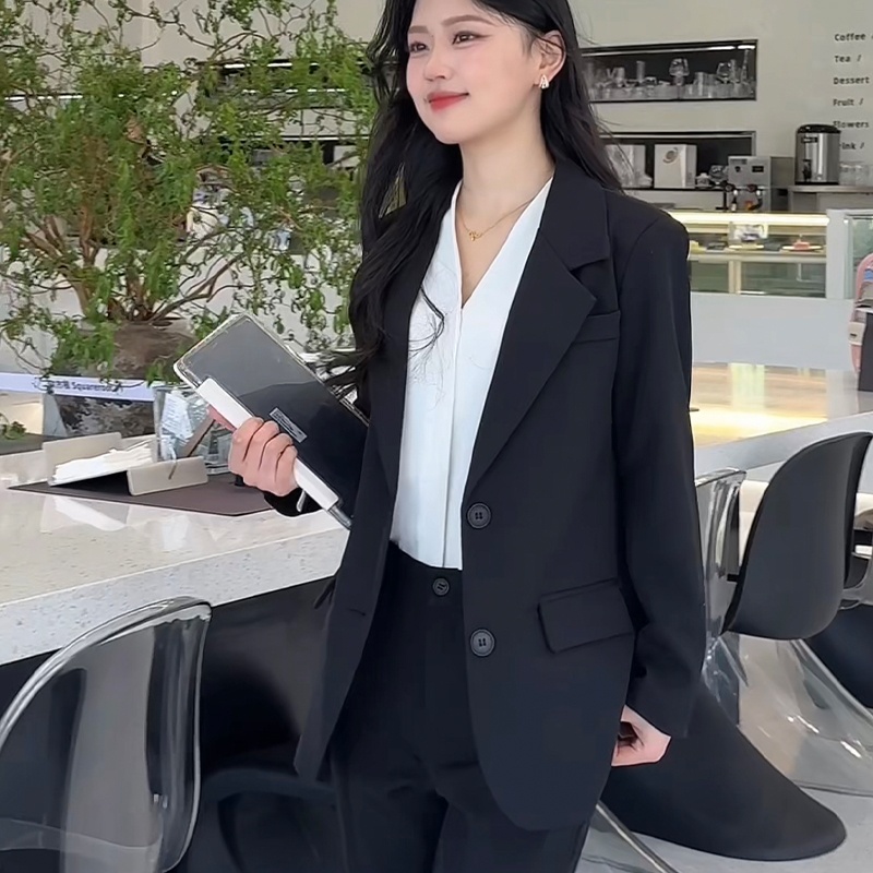 Women's Suit Set For Spring Autumn, College Student Interview And Presentation Outfit, Black Blazer, Formal Professional_voghion.com