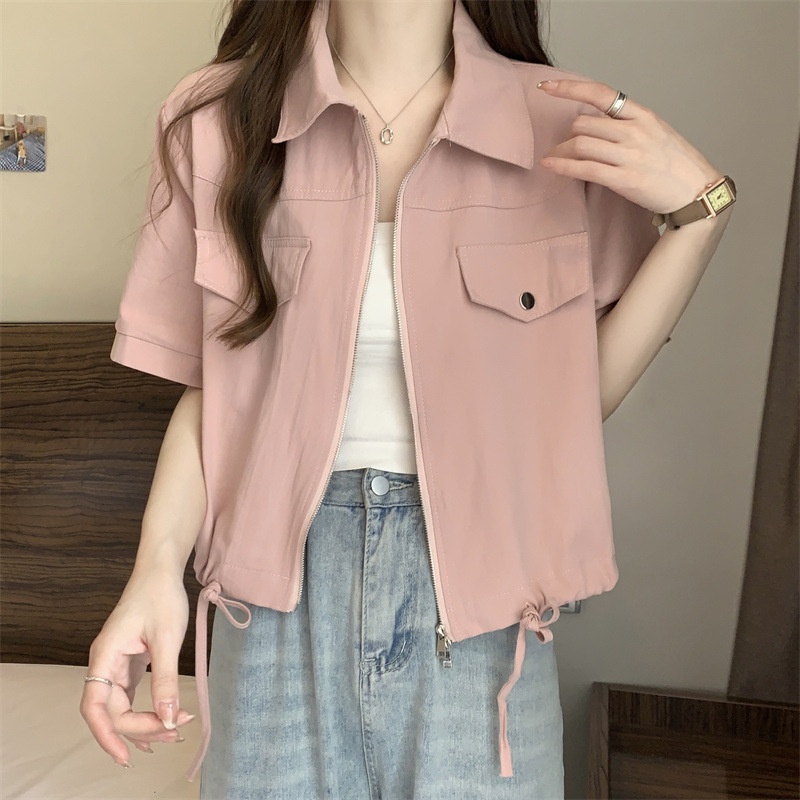 Nuovo stile Polo a spalle dritte con doppia cerniera, camicia da lavoro a maniche corte, estiva da donna in stile americano_voghion.com