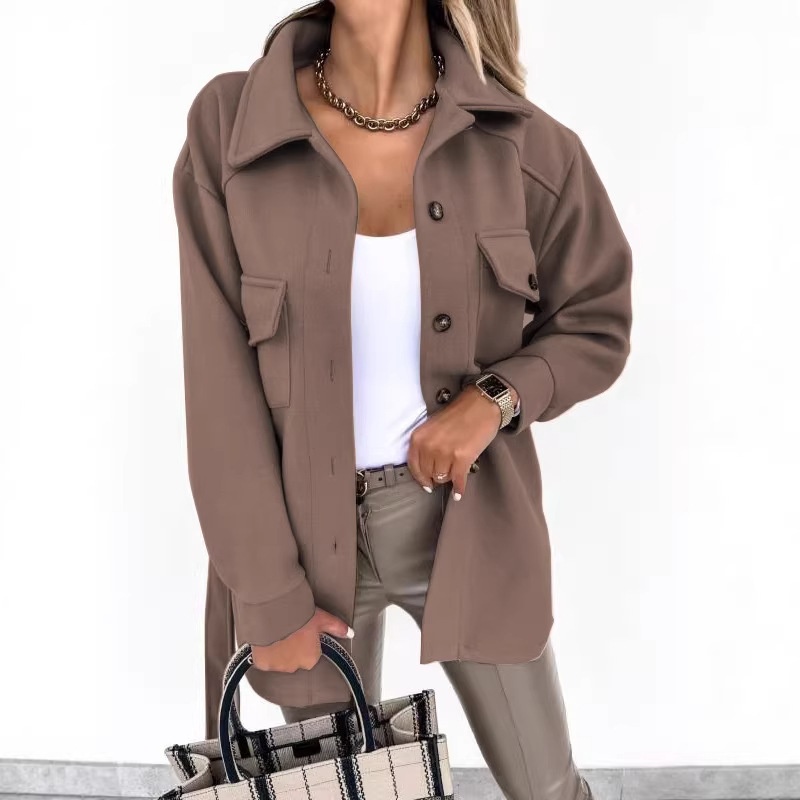 European And American Cross-Border Autumn Winter Turn-Down Collar Single-Breasted Thick Solid Color Shirt Woolen Loose_voghion.com