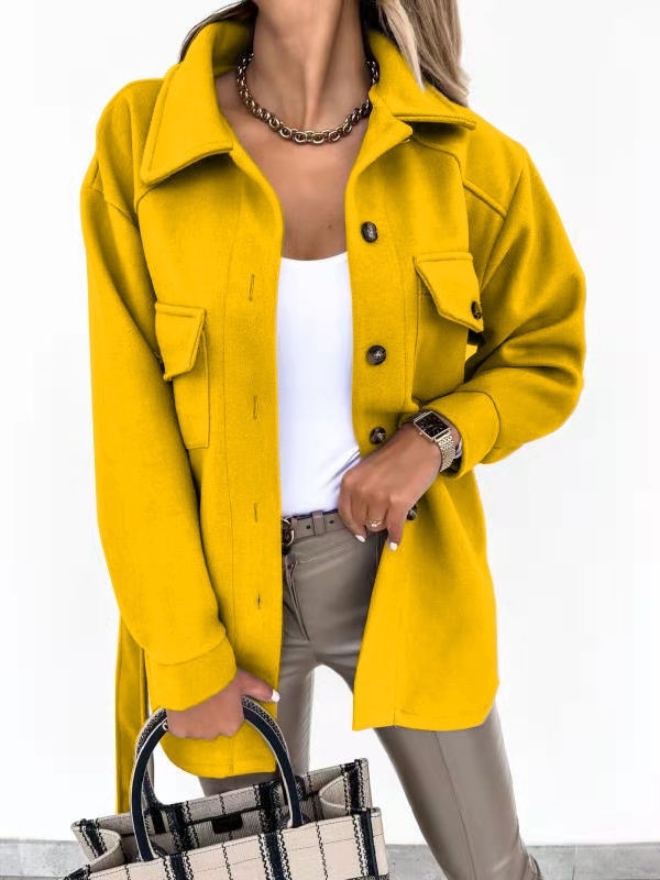 European And American Cross-Border Autumn Winter Turn-Down Collar Single-Breasted Thick Solid Color Shirt Woolen Loose_voghion.com
