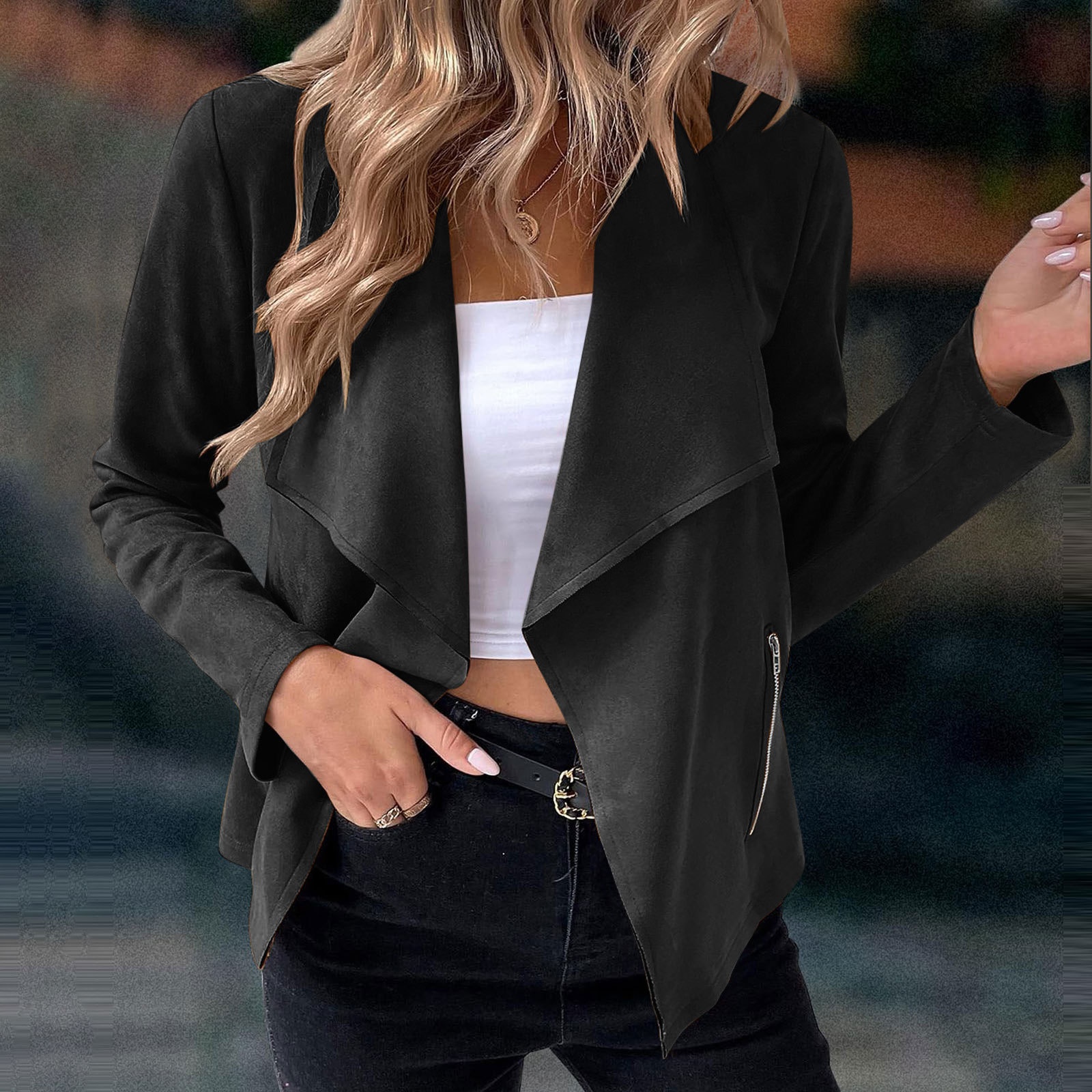 Elegant Women's Suede Blazer Solid Colour Classic Fitted Jacket_voghion.com