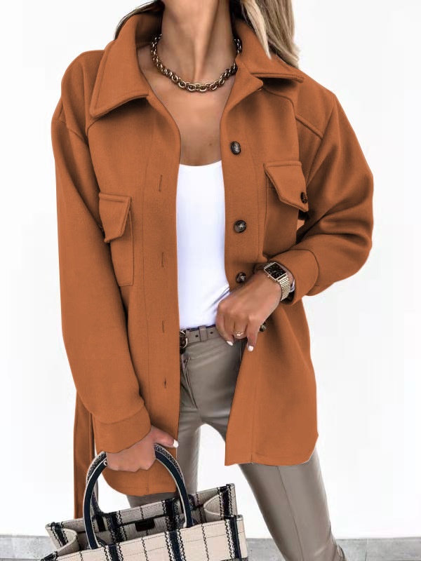 European And American Cross-Border Autumn Winter Turn-Down Collar Single-Breasted Thick Solid Color Shirt Woolen Loose_voghion.com