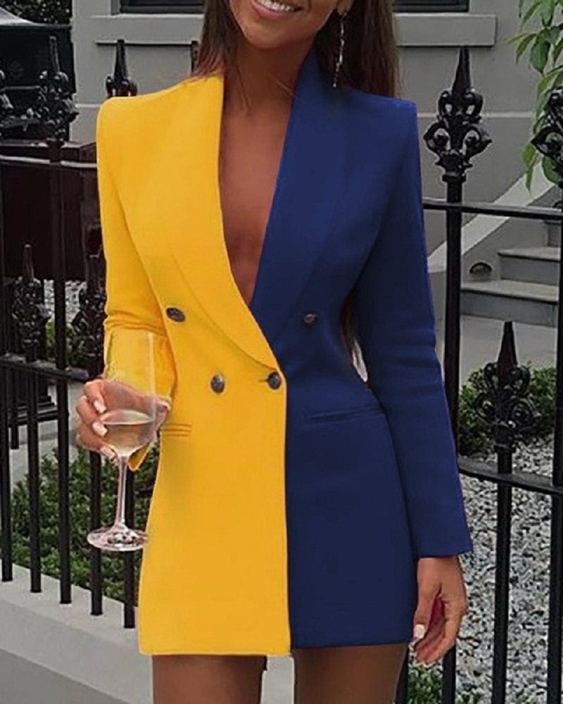 Blazer da donna con scollo a v e design patchwork professionale_voghion.com