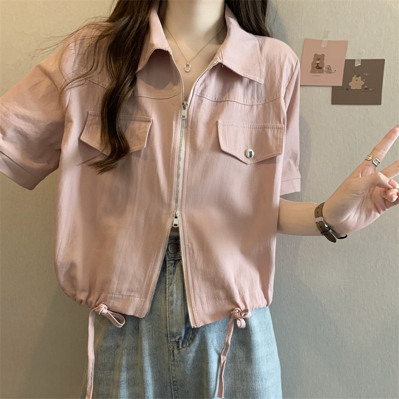 Nuovo stile Polo a spalle dritte con doppia cerniera, camicia da lavoro a maniche corte, estiva da donna in stile americano_voghion.com