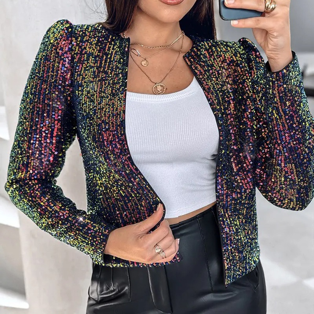 Leopard Print Sequin Blazer For Women Long Sleeve Outerwear_voghion.com