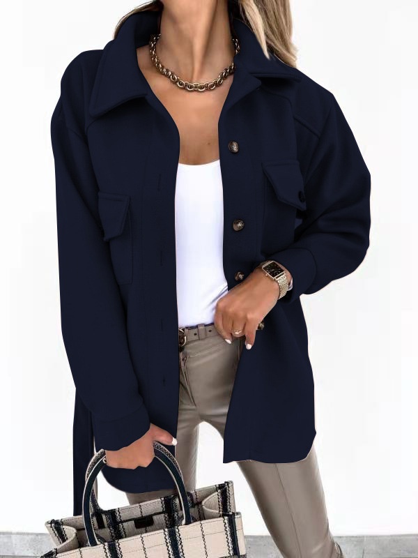 European And American Cross-Border Autumn Winter Turn-Down Collar Single-Breasted Thick Solid Color Shirt Woolen Loose_voghion.com