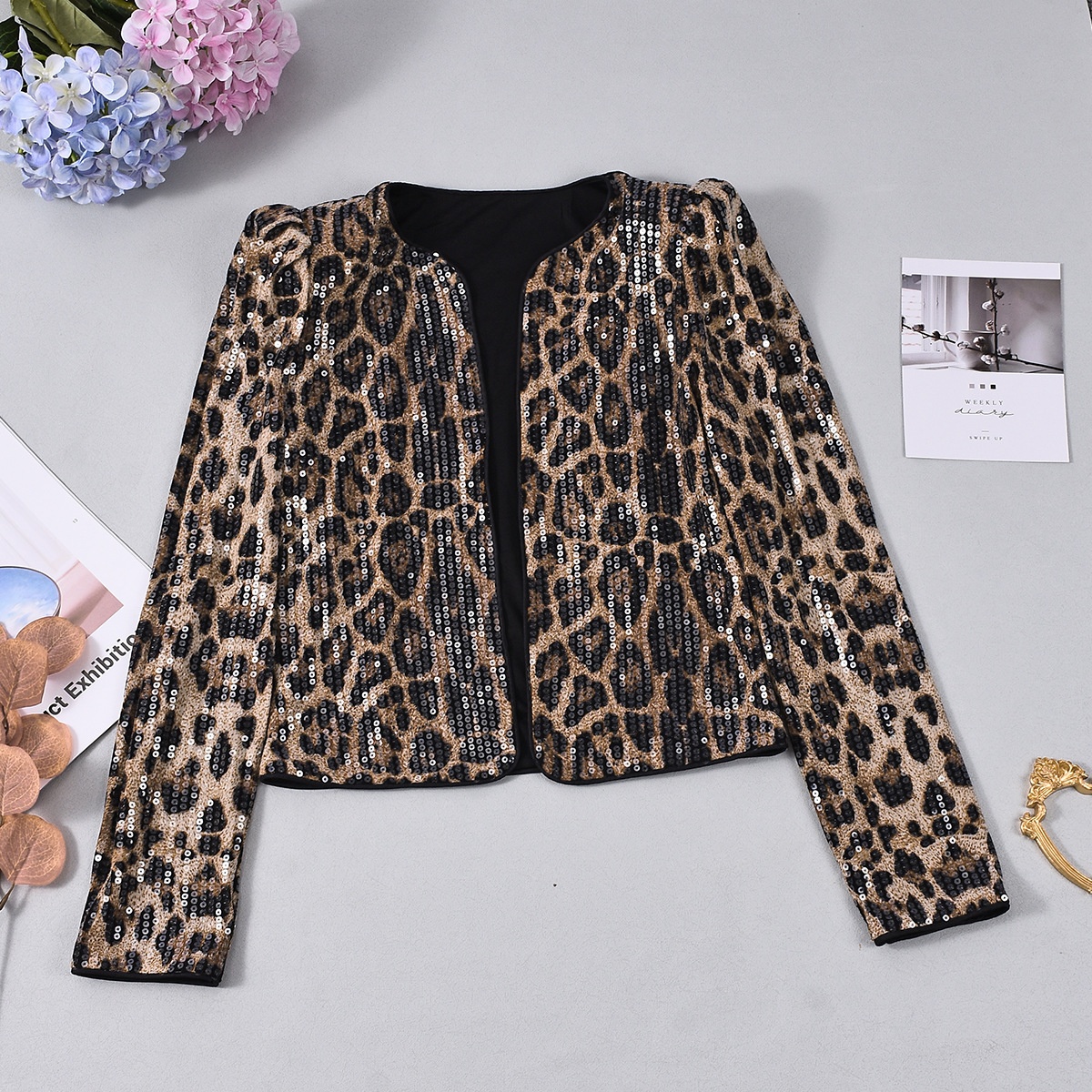 Leopard Print Sequin Blazer For Women Long Sleeve Outerwear_voghion.com