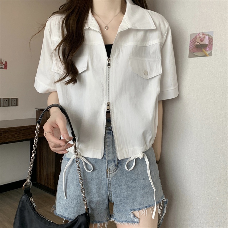 Nuovo stile Polo a spalle dritte con doppia cerniera, camicia da lavoro a maniche corte, estiva da donna in stile americano_voghion.com