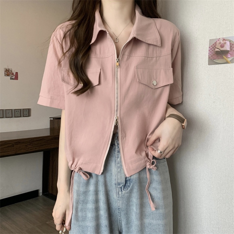 Nuovo stile Polo a spalle dritte con doppia cerniera, camicia da lavoro a maniche corte, estiva da donna in stile americano_voghion.com