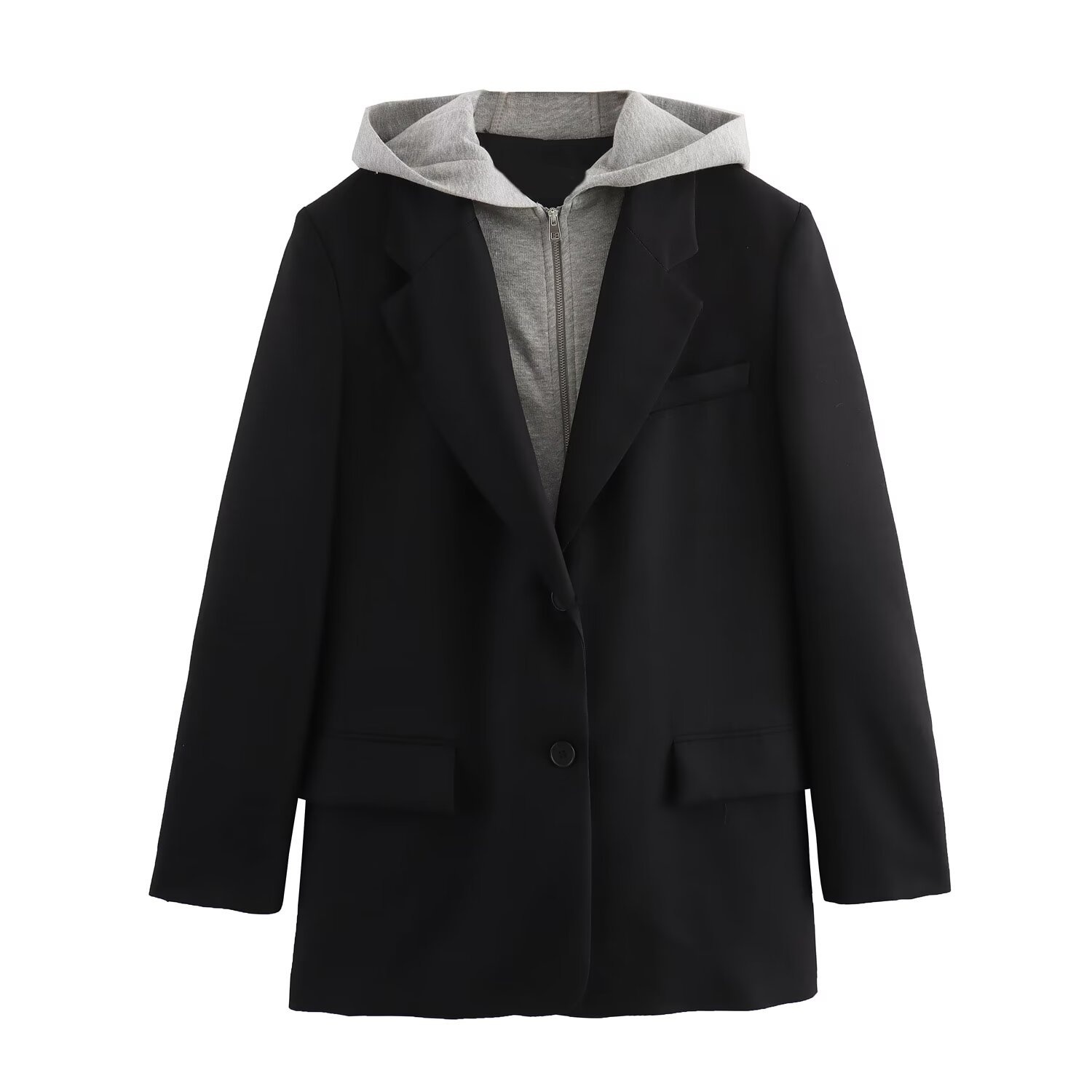 Damen Blazer Mit Kapuze Im Patchwork Design Street Style_voghion.com