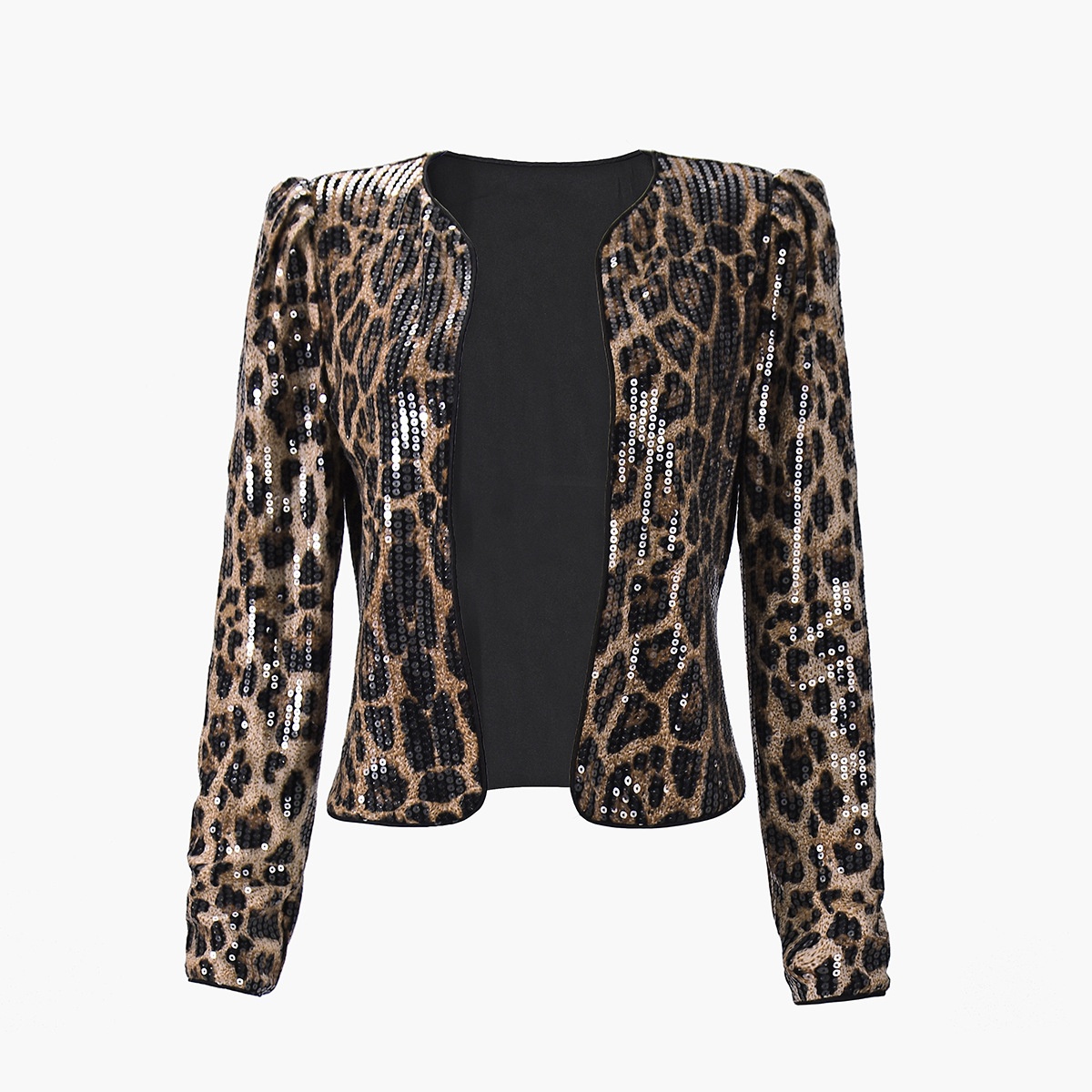 Leopard Print Sequin Blazer For Women Long Sleeve Outerwear_voghion.com