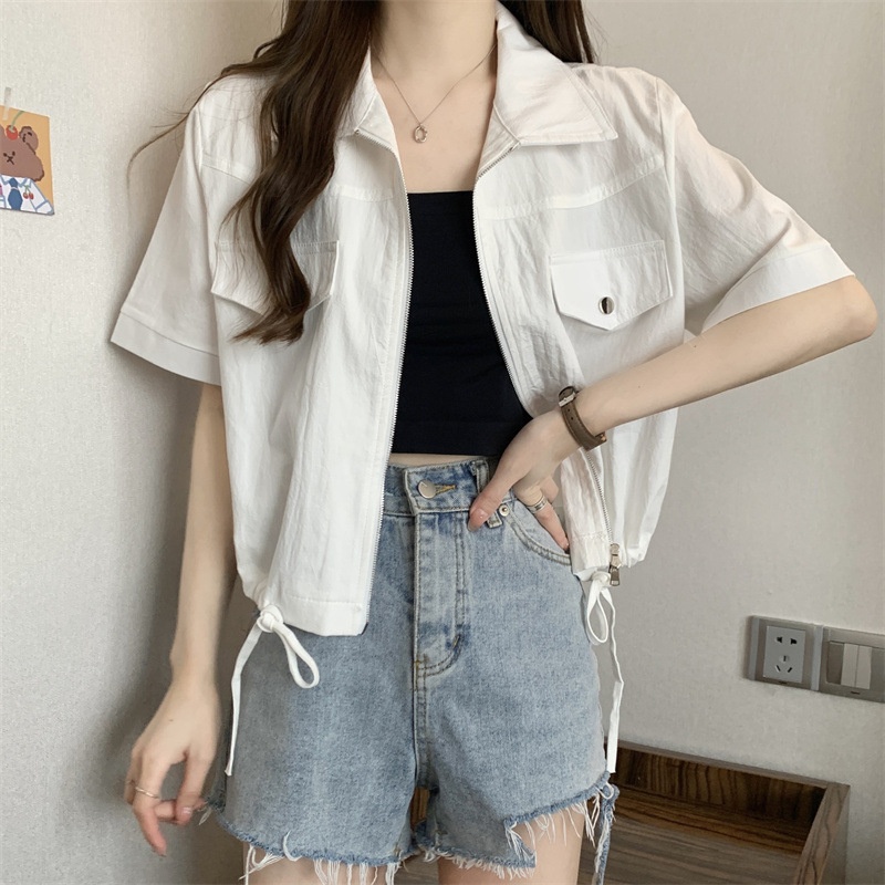 Nuovo stile Polo a spalle dritte con doppia cerniera, camicia da lavoro a maniche corte, estiva da donna in stile americano_voghion.com