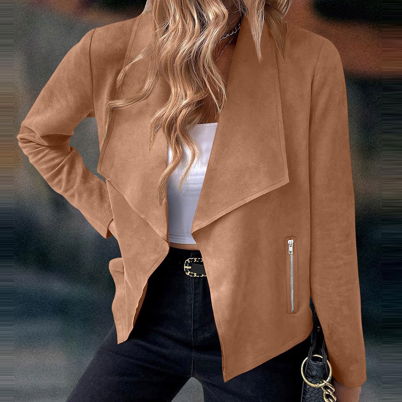 Elegant Women's Suede Blazer Solid Colour Classic Fitted Jacket_voghion.com