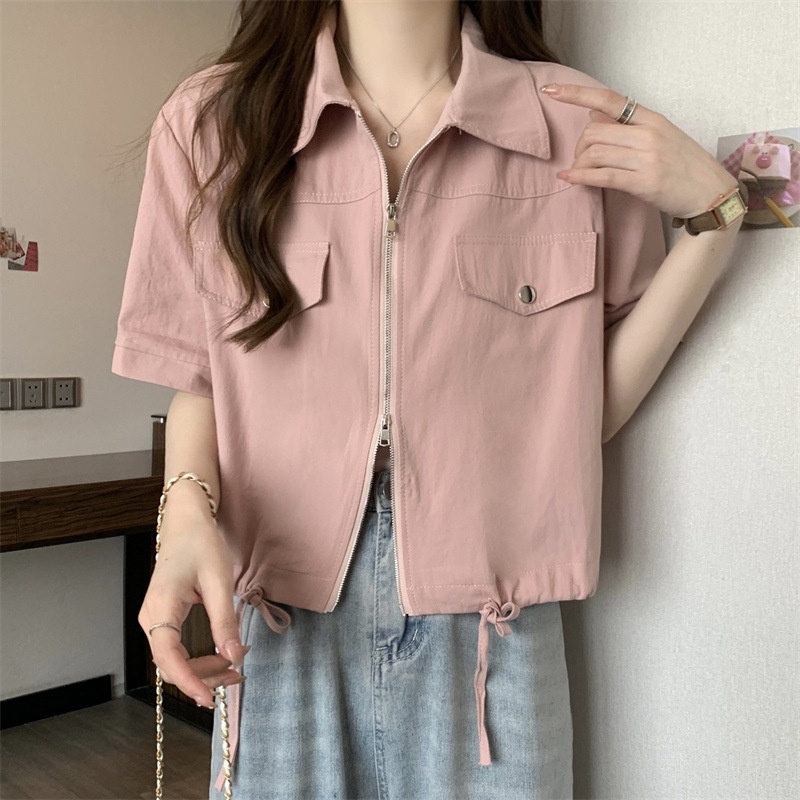 Nuovo stile Polo a spalle dritte con doppia cerniera, camicia da lavoro a maniche corte, estiva da donna in stile americano_voghion.com