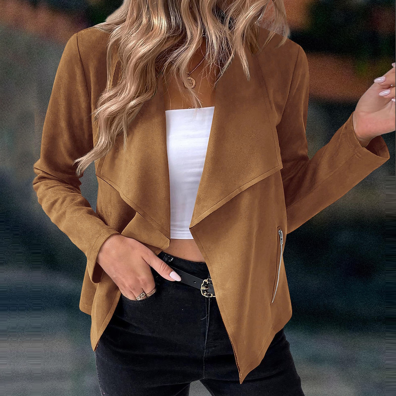 Elegant Women's Suede Blazer Solid Colour Classic Fitted Jacket_voghion.com