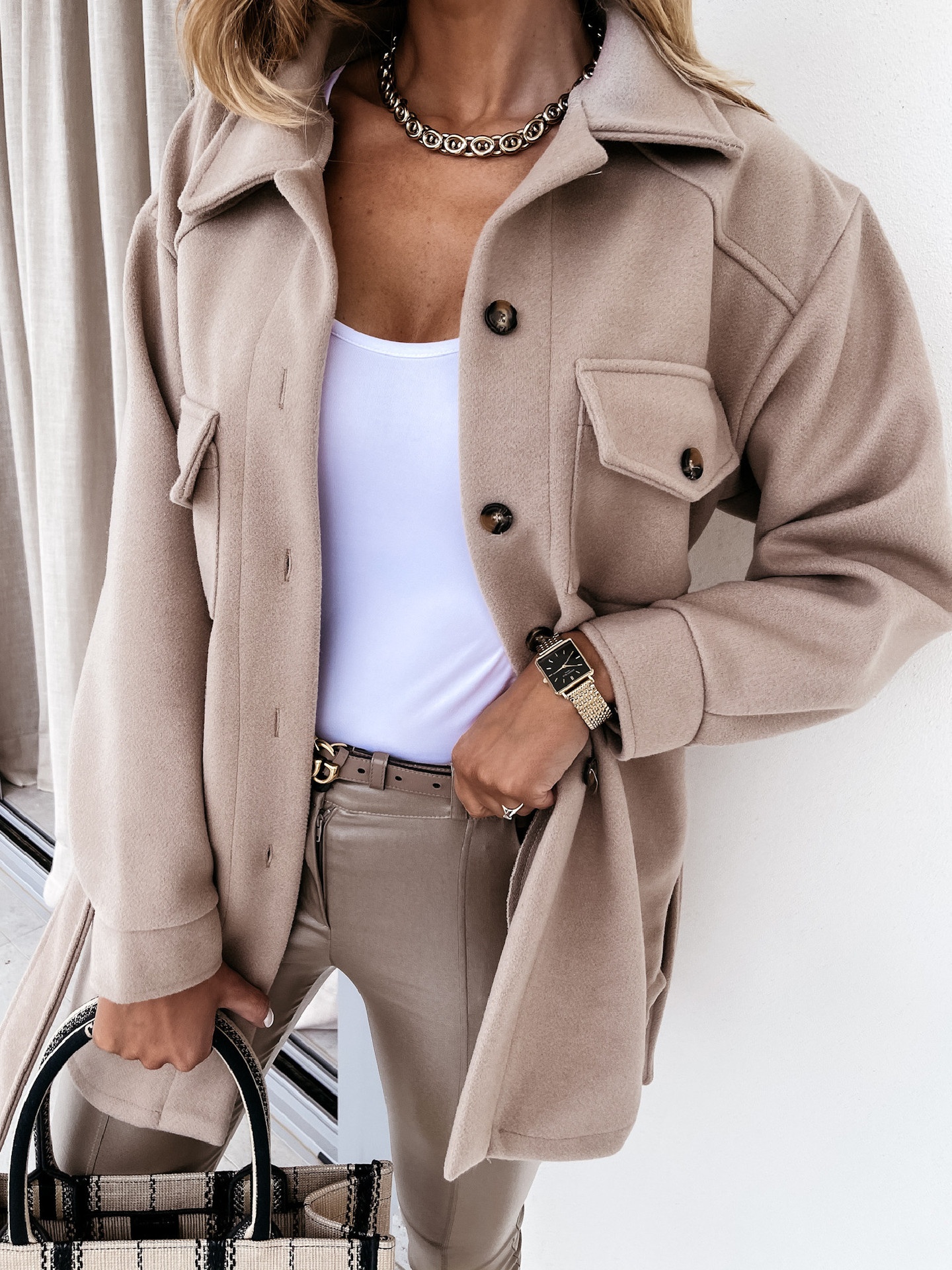 European And American Cross-Border Autumn Winter Turn-Down Collar Single-Breasted Thick Solid Color Shirt Woolen Loose_voghion.com