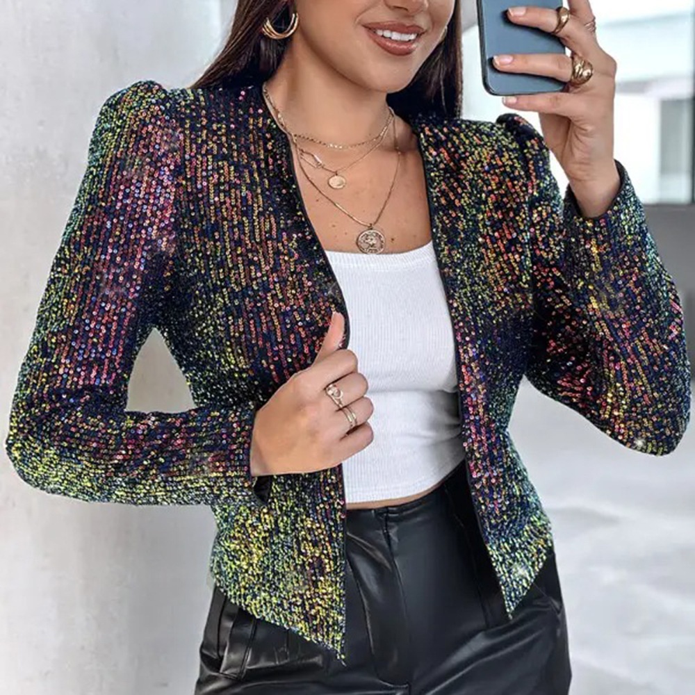 Leopard Print Sequin Blazer For Women Long Sleeve Outerwear_voghion.com