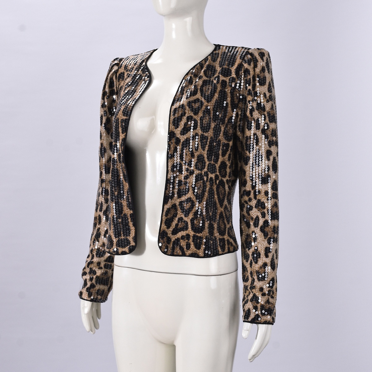 Leopard Print Sequin Blazer For Women Long Sleeve Outerwear_voghion.com