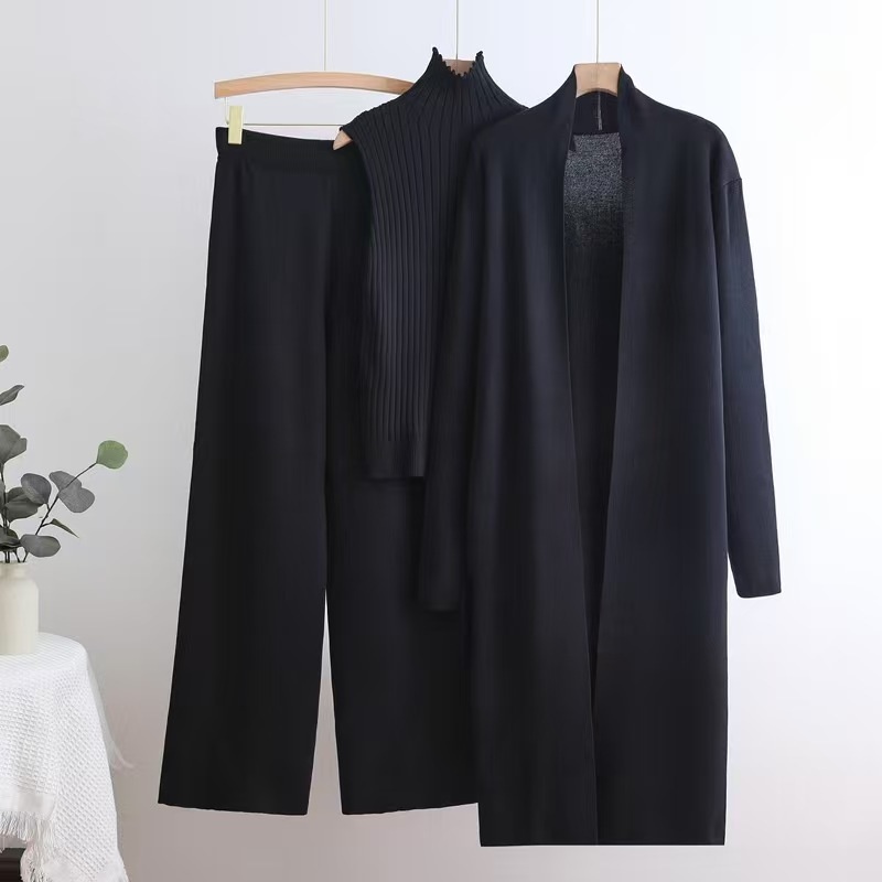 Ensemble décontracté de style européen et américain pour femme, couleur unie, composé d'un manteau châle à col V, d'un pull en maille et d'un pantalon large long._voghion.com