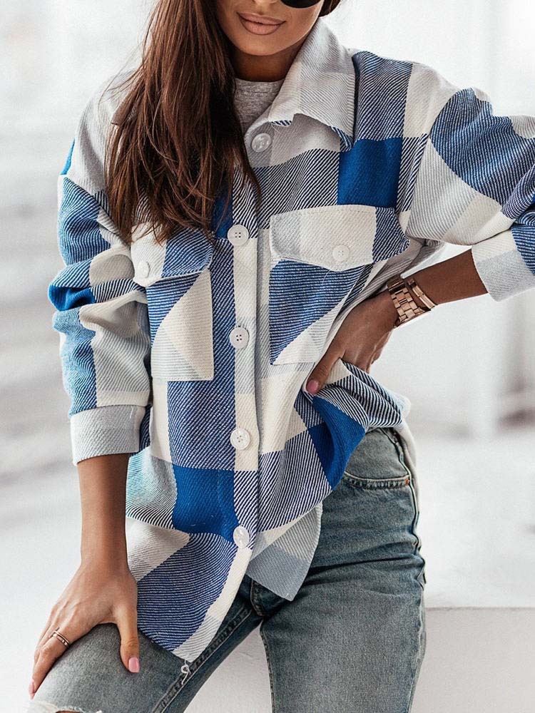 Cross-border European And American Fashion Women's Colorful Plaid Shirt Jacket Casual Brushed Woolen Coat Top_voghion.com