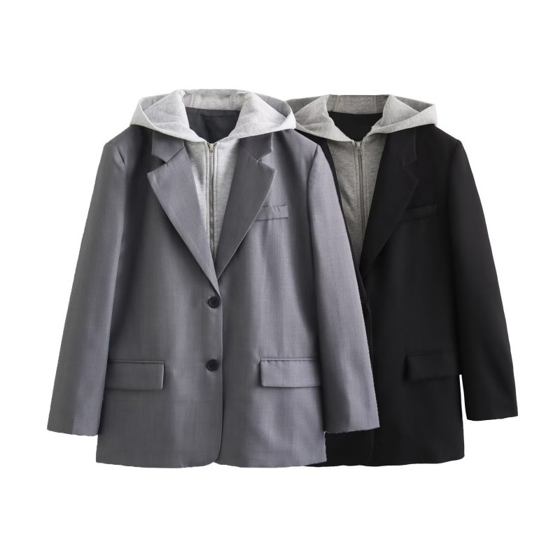 Neuheiten für den Frühling: Europäischer und amerikanischer Cross-Border-Style Damen-Blazer mit Kapuze und Patchwork-Design W02181178_voghion.com