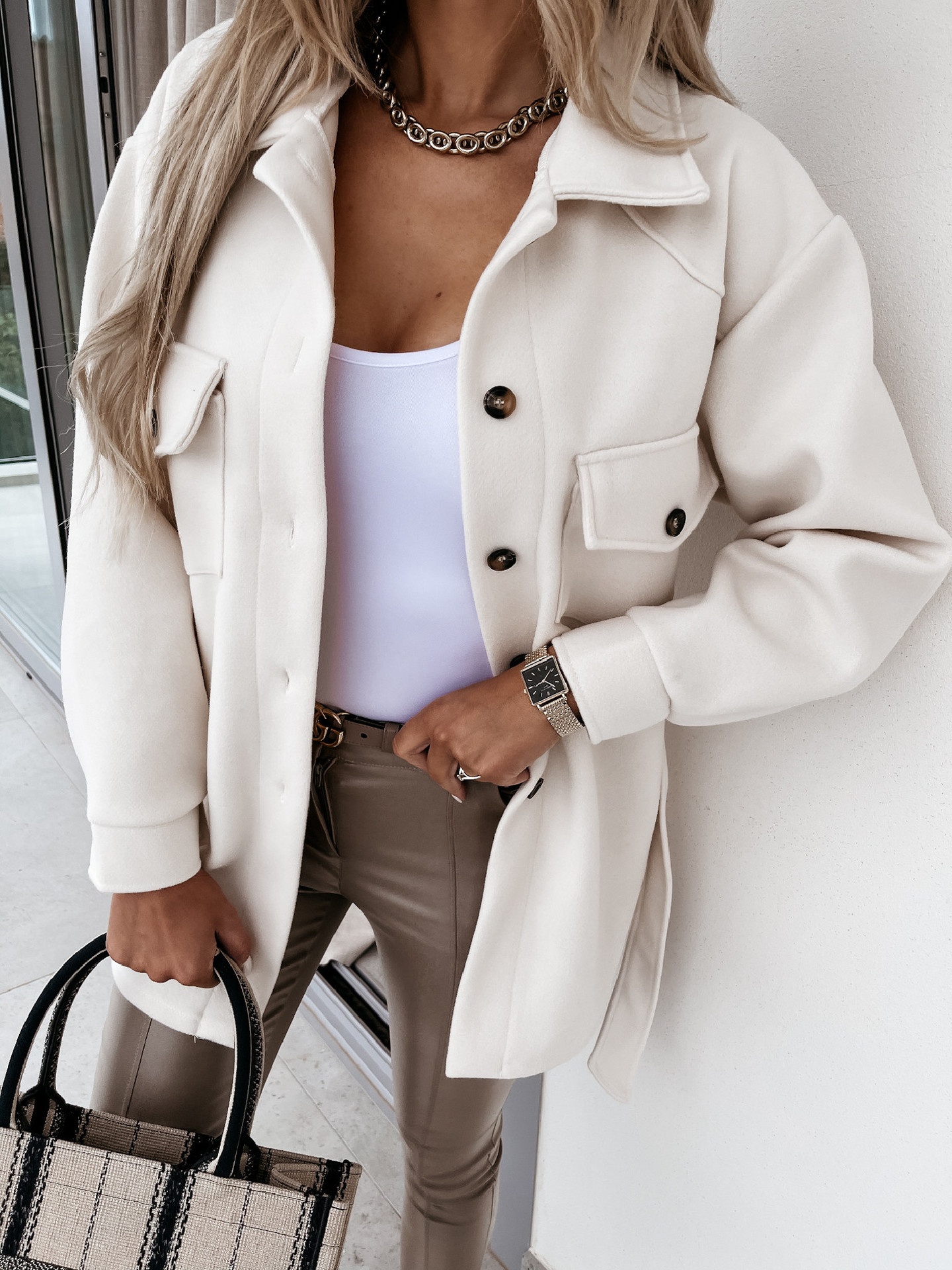 European And American Cross-Border Autumn Winter Turn-Down Collar Single-Breasted Thick Solid Color Shirt Woolen Loose_voghion.com