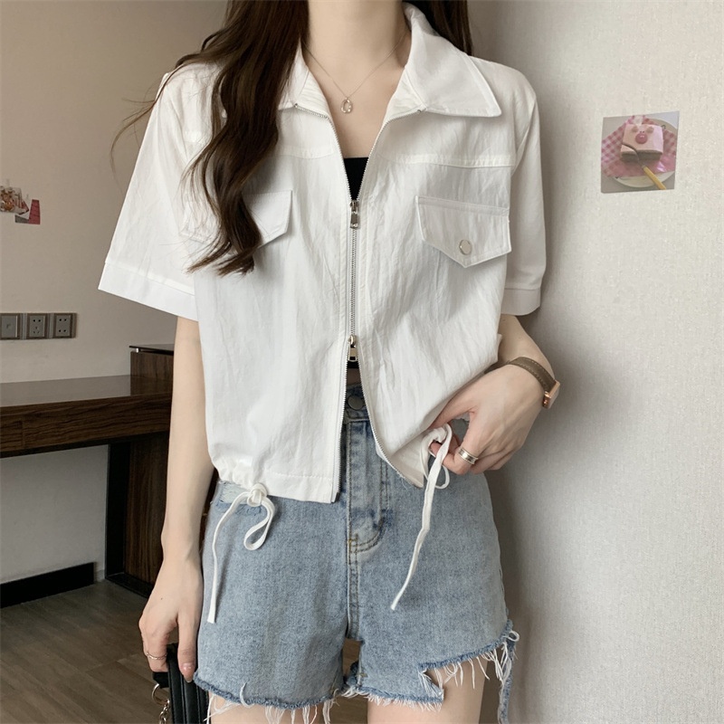 Nuovo stile Polo a spalle dritte con doppia cerniera, camicia da lavoro a maniche corte, estiva da donna in stile americano_voghion.com