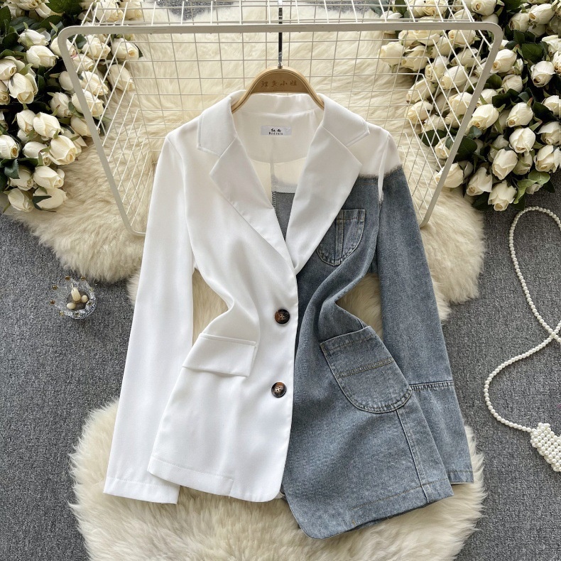 Light European And American High-End Blazer For Women Irregular Patchwork Denim Design Street Style Elegant Top_voghion.com