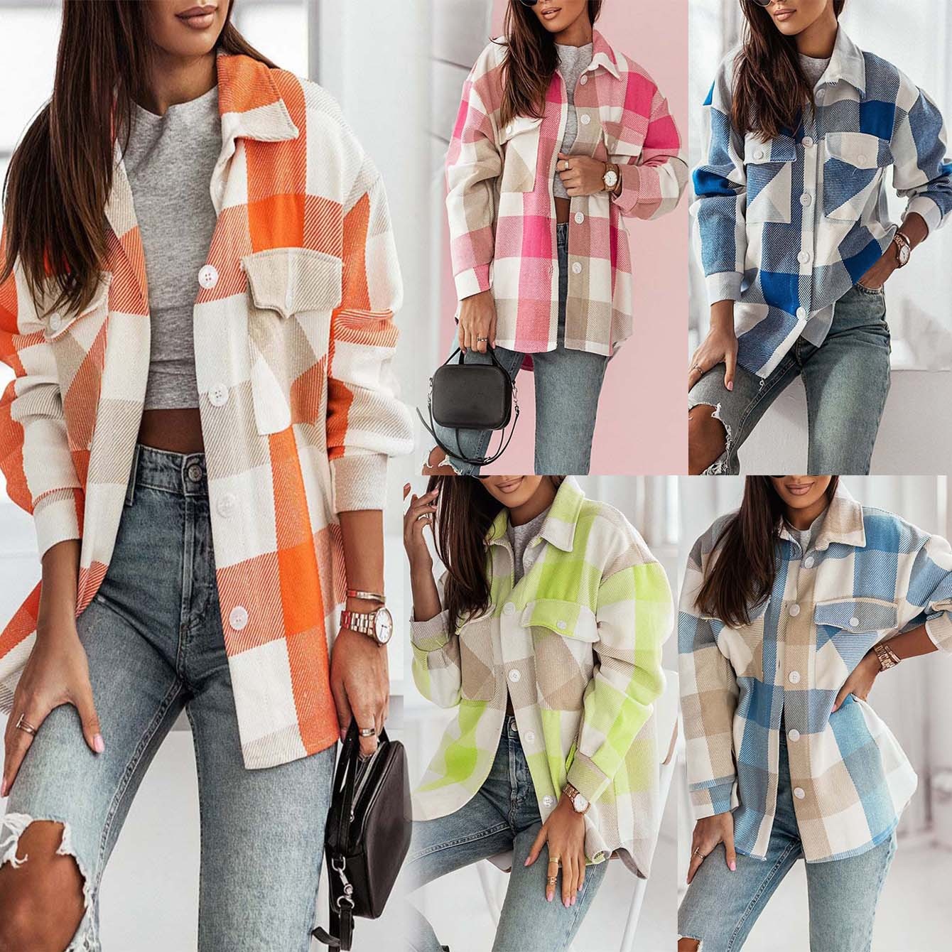 Cross-border European And American Fashion Women's Colorful Plaid Shirt Jacket Casual Brushed Woolen Coat Top_voghion.com